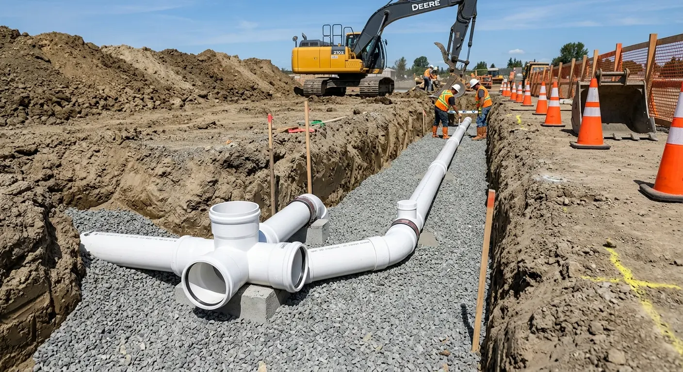 New PVC sewer pipe installation in open trench for Commercial Drain Cleaning in Halifax