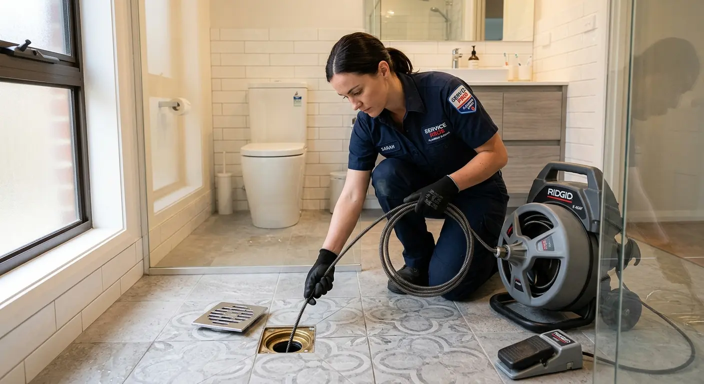 Technician clearing a bathroom floor drain for Drain Repair in Halifax